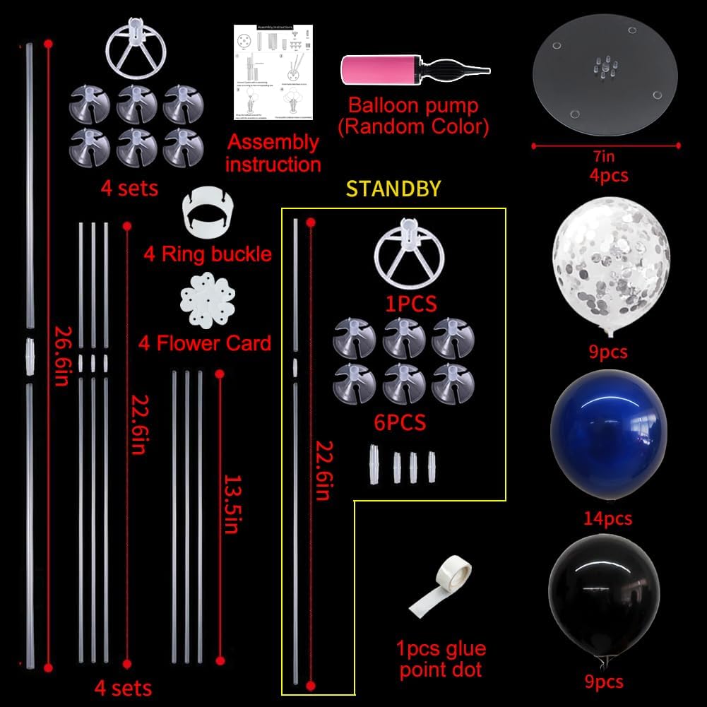 TONIFUL 4 Set Black Blue Silver Confetti Balloon Centerpieces for Table,Balloon Stand Kit for Graduation Decorations 2025 Blue Party Decorations,Retirement,Anniversary,Birthday Decoration for men