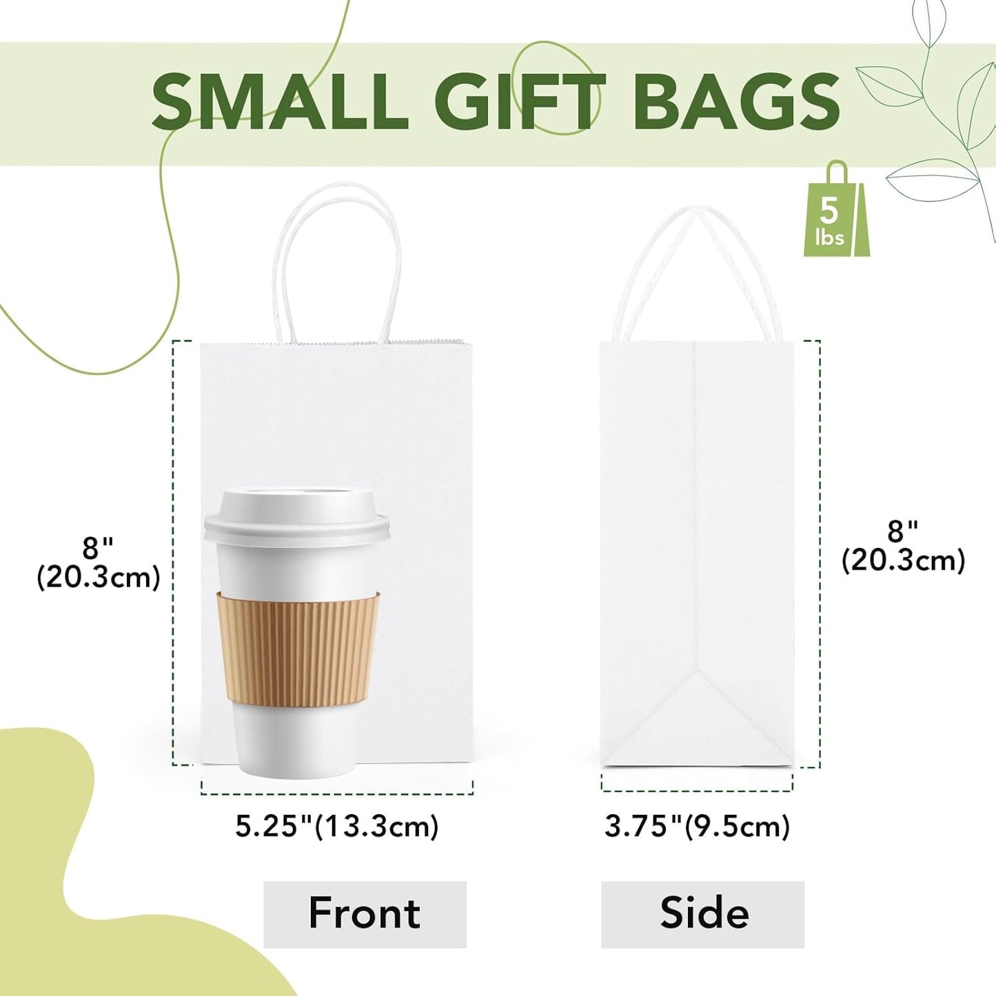 MESHA Kraft Gift Bags 200 Pack 5.25x3.75x8 Inch Small White Paper Bags with Handles Bulk for Small Business,Birthday,Party,Wedding,Retial,Shopping Bag