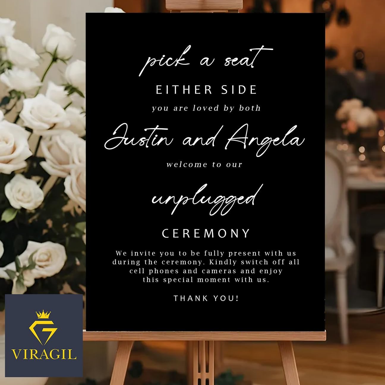 Minimalist Pick a Seat & Unplugged Wedding Sign – Custom Outdoor Yard Sign – Black and White Script Design