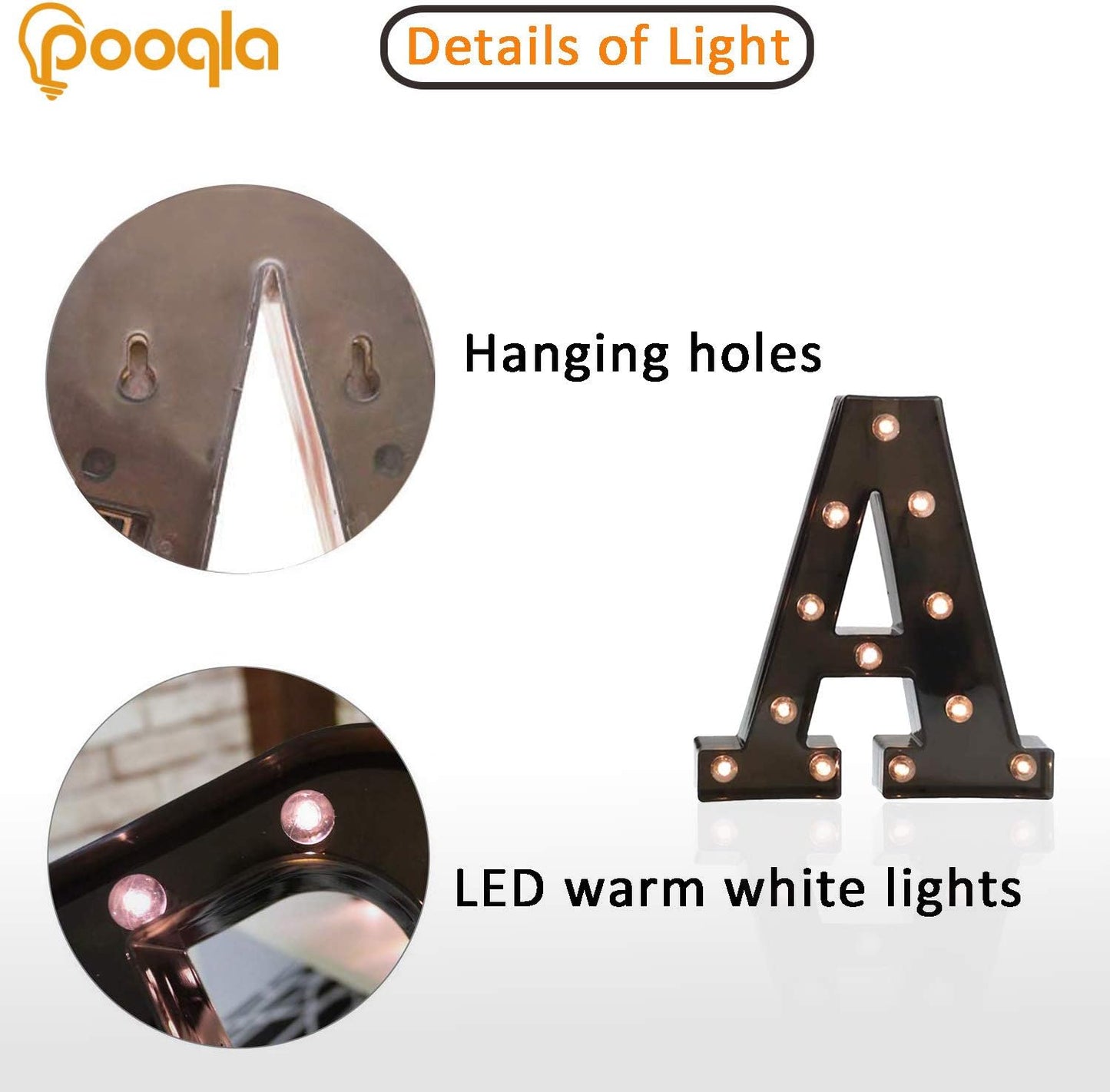 Pooqla Light Up LED Letter Marquee Sign - Alphabet Marquee Letters with Lights for Wedding Birthday Party Christmas Night Light Lamp Home Bar Decoration A, Black