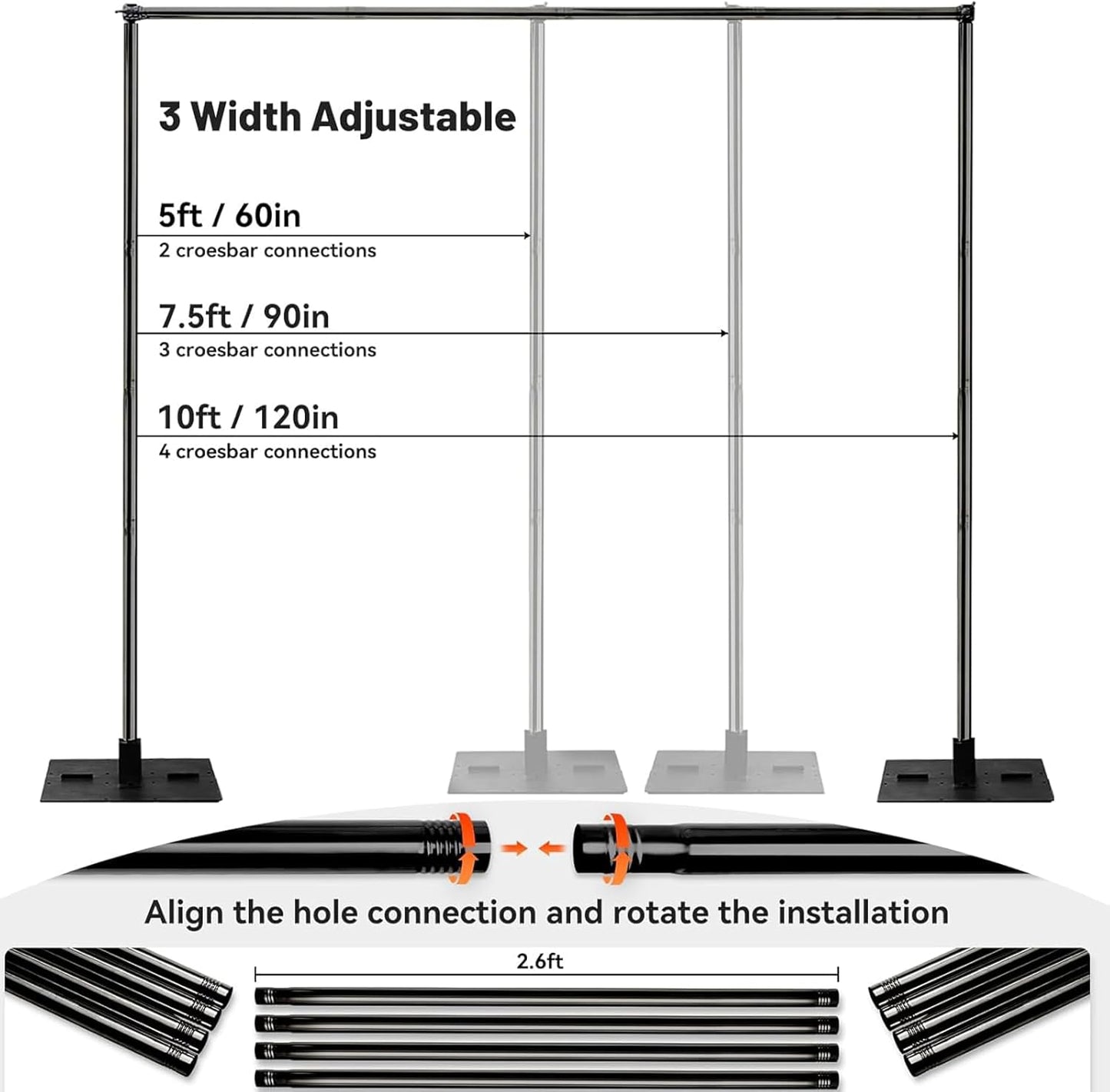 Heavy Duty Pipe and Drape Frame Kit 10x10ft Adjustable Height/Width Photography Background Support Poles All-Metal Construction Backdrop Stand for Party, Birthday, Wedding - Black