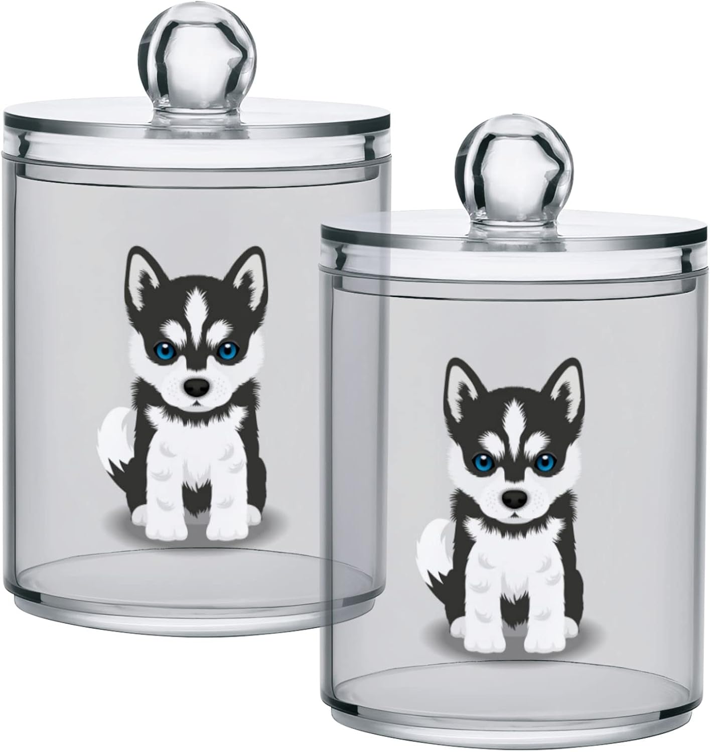 2 Pack Qtip Dispenser Apothecary Jars Dog Bathroom Organizer, Siberian Husky Puppy Qtip Holder Storage Canister Plastic Acrylic Jar for Cotton Ball/Swab/Rounds