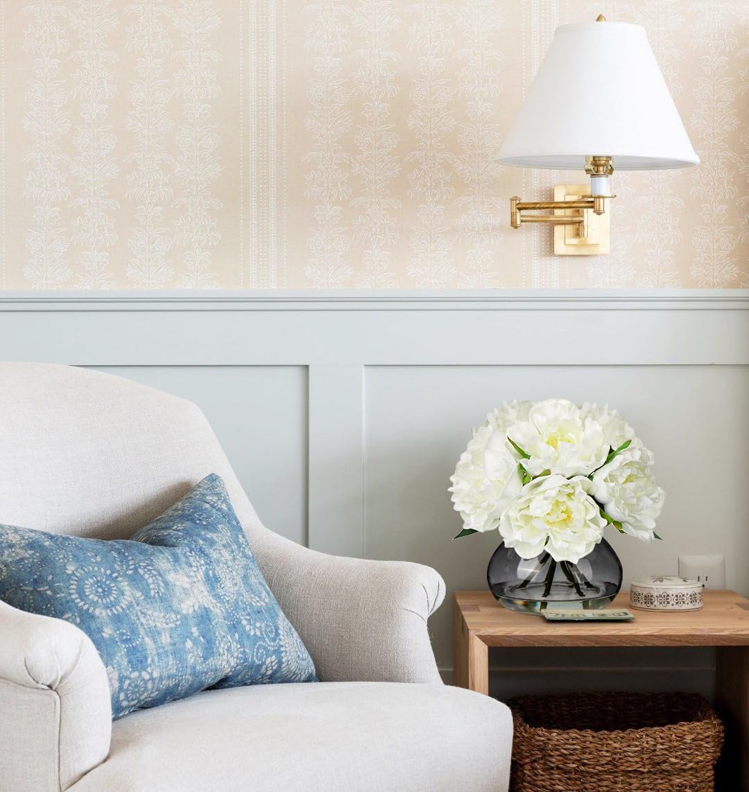 Hollyone Peonies Artificial Flowers with Vase White Peony Fake Flowers Faux Silk Flower Arrangements in Glass Vase with Faux Water Faux Floral Bulk Bouquet for Home Office Table Centerpiece Decoration