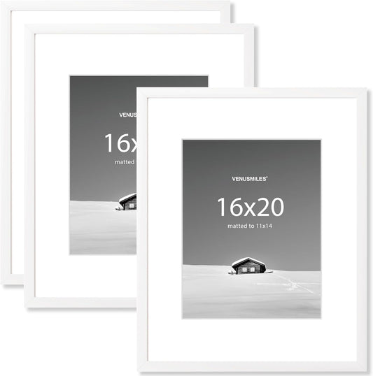 16x20 inch Picture Frame, 16x20 Photo Frames with 11x14 Removable Mat - High Definition Plexiglass - Vertical and Horizontal Display - Wall Hanging Frame - White, 3 Pack