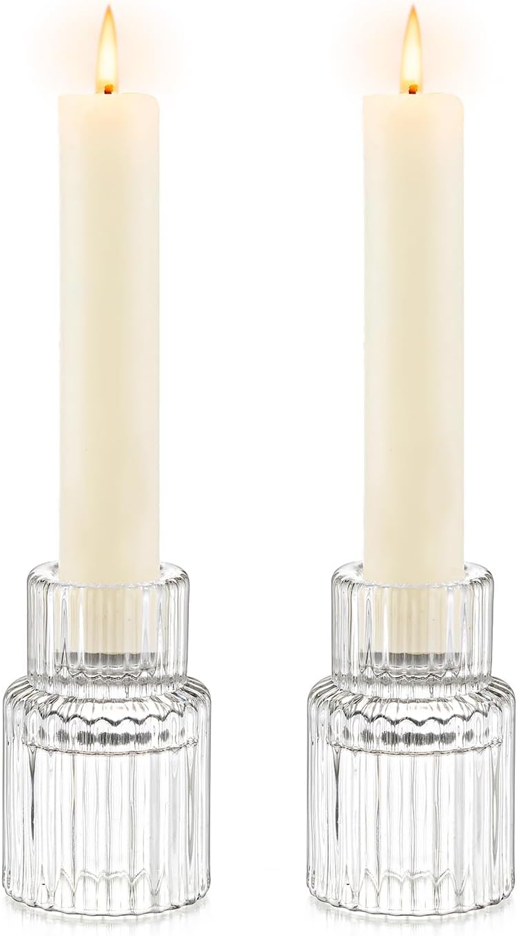 Candle Holder Glass Candlestick Holders: Hewory 2PCS Clear Taper Candle Holders Bulk for Table Centerpiece, Glass Candle Holder Candle Stick Holder Decor for Christmas Wedding Party Bridal Showers