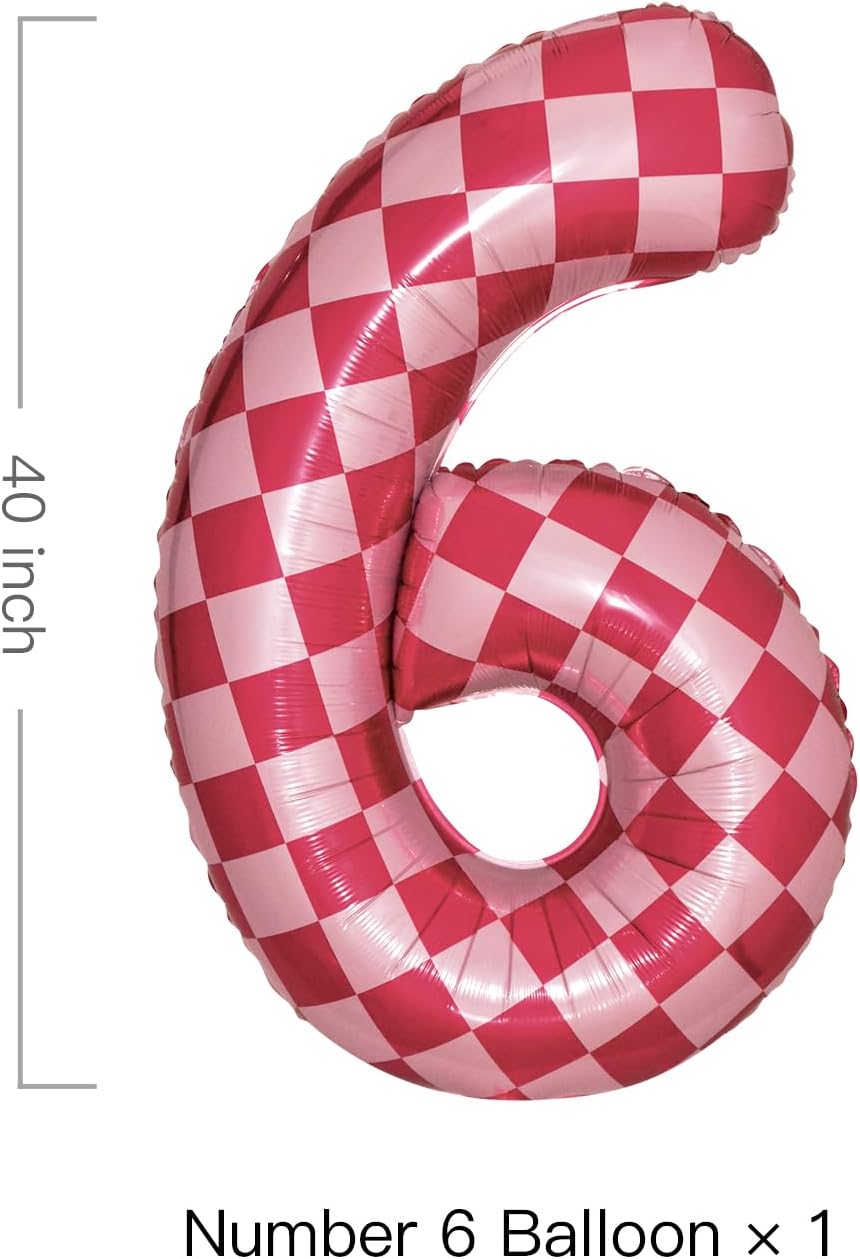 40 Inch Pink Checkered 6 Balloon Large Hot Pink Number Balloons for Girls 6th Birthday Decorations Pink Number 6 Balloon