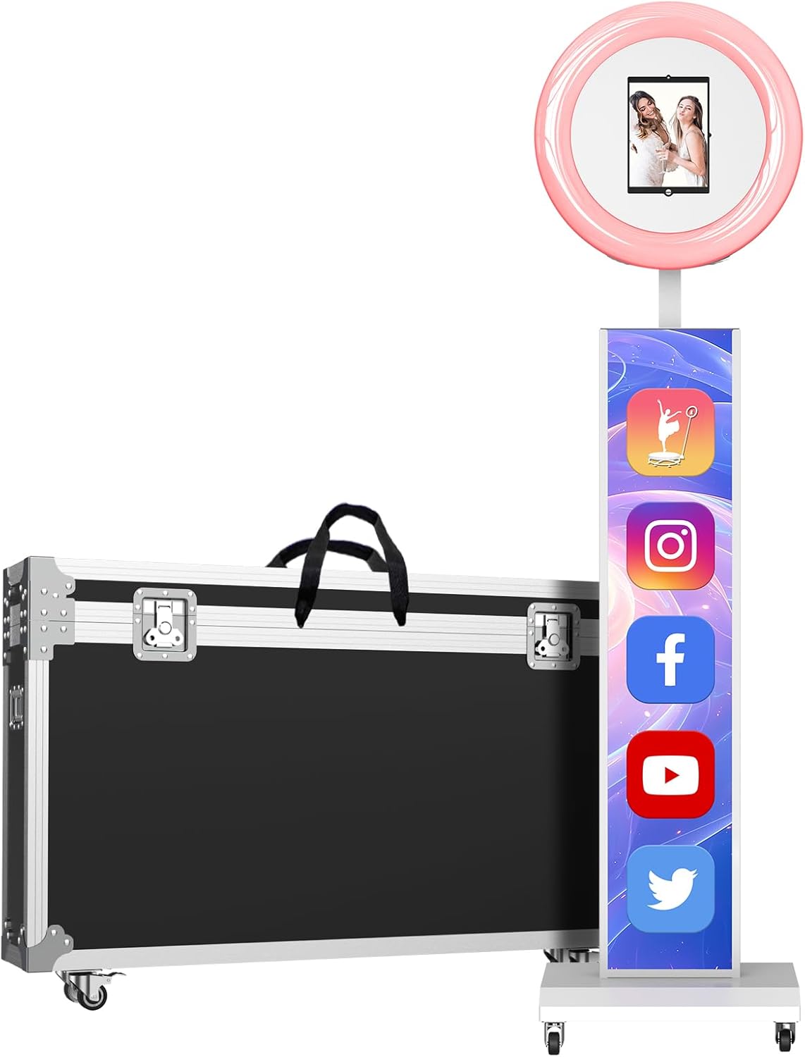 MWE Portable Photo Booth Machine Stand Compatible with Any Ipad with Software APP and Remote Control, RGB Ring Lights Music Sync, Free Custom Logo,Flight Case with Wheels (White, Light Box)