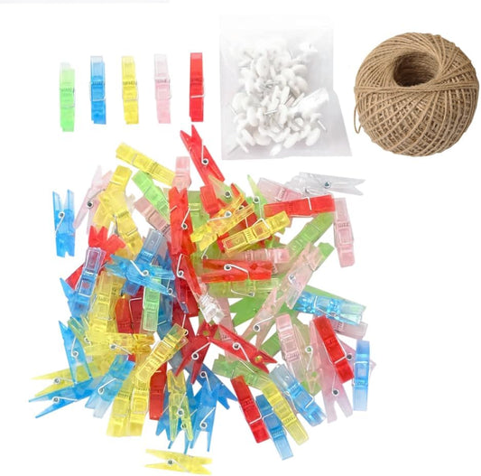 100pcs Mini Clear Hanging Photo Clips + 30m Twine for Picture Display, Arts & Crafts - Plastic Clothespins, Paper Peg Pin Craft Clips (Multi-Color)