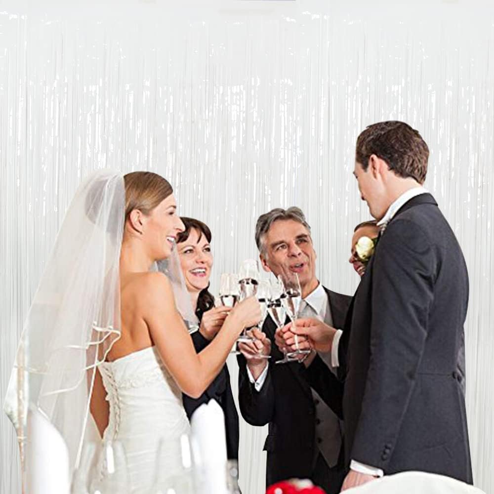 3Pcs White Metallic Tinsel Foil Fringe Curtains, 3.28ft x 6.56ft White Photo Booth Backdrop Streamer Curtain,Photo Booth Props, Bachelorette Party Supplies, Birthday, Christmas,New Year Decorations