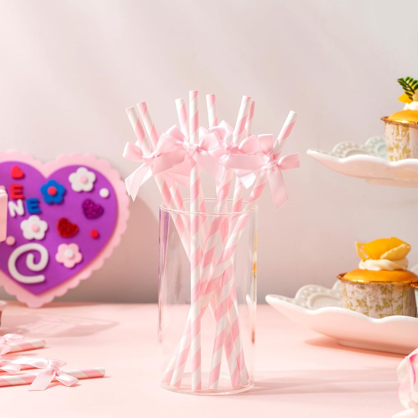 50 Pcs Pink Paper Straws for Drinking, Bow Disposable Striped Paper Straws Bulk Pink Theme Birthday Party Supplies for Wedding Cake Decorations Bachelorette Baby Shower