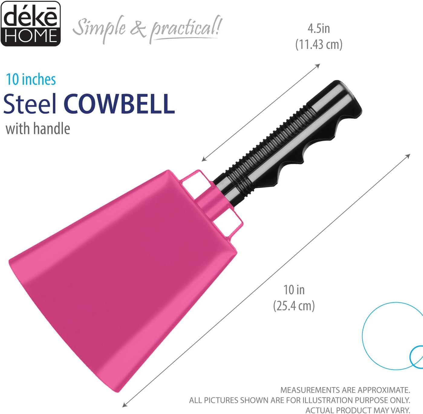 Deke Home - 2 Pack 10 Inch Steel Cowbells with Handle, Loud Noise Makers for Football, Sports, Parties, Competitions, School Spirit & Safety, Large Hand Bell for Cheering & Percussion Instrument