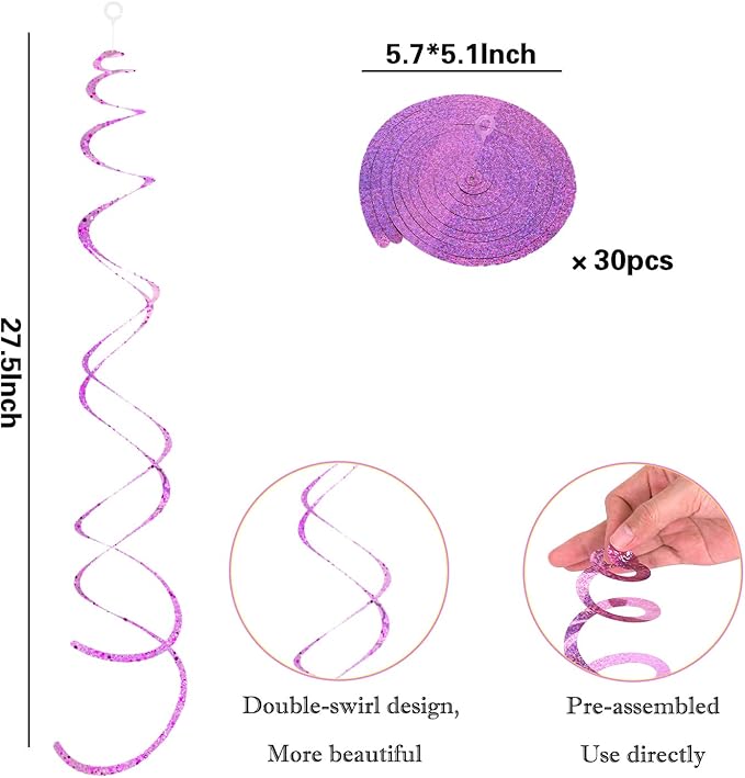 30 Pieces Pink Hanging Swirl Decorations Plastic Streamers Foil Swirls Ceiling Decorations Metallic Holiday Photo Backdrop for Girls Princess Baby Shower Babbie Mermaid Themed Birthday Party Supplies
