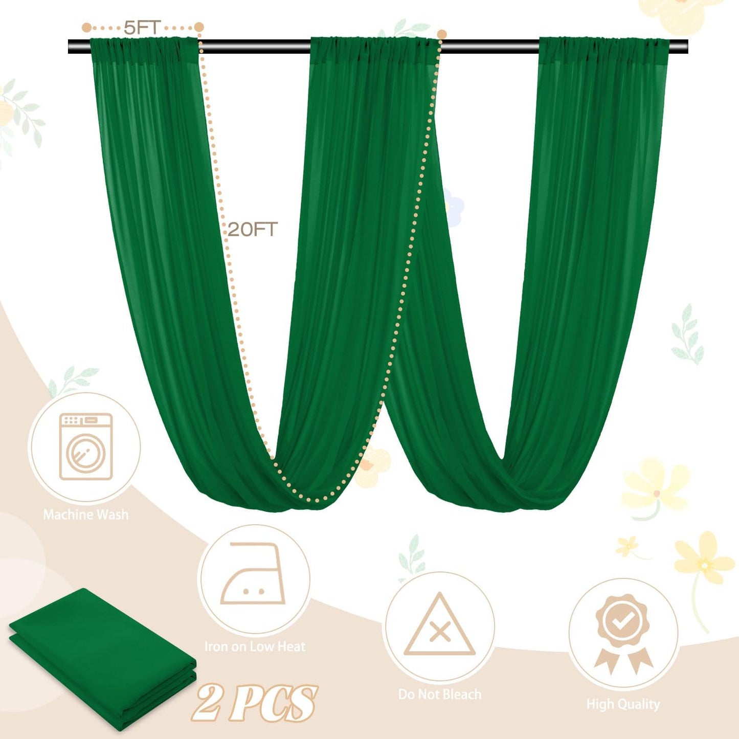 FUHSY Emerald Green Ceiling Drapes Wedding Arch Drapes Chiffon Backdrop Curtains 5FTx20FT 2 Panels Sheer Ceiling Curtains for Wedding Party Bridal Archway Chiffon Fabric Drapery Stage Decorations