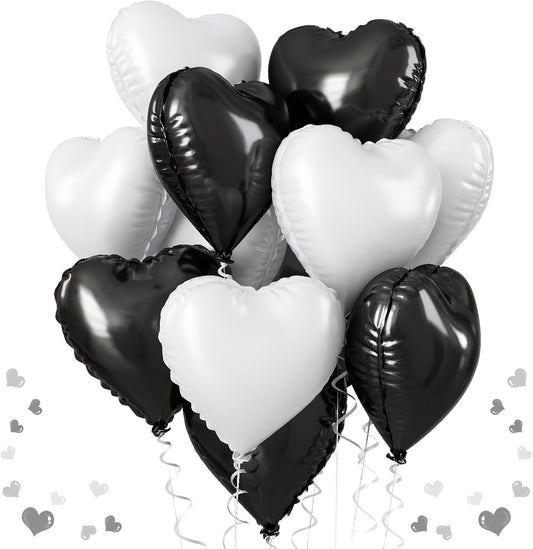 Black White Heart Balloons, 18 Inch Large Matt Black and White Heart Shape Foil Helium Balloon for Birthday Wedding Graduation Engagement Baby Shower Valentines Bachelorette Party Decoration