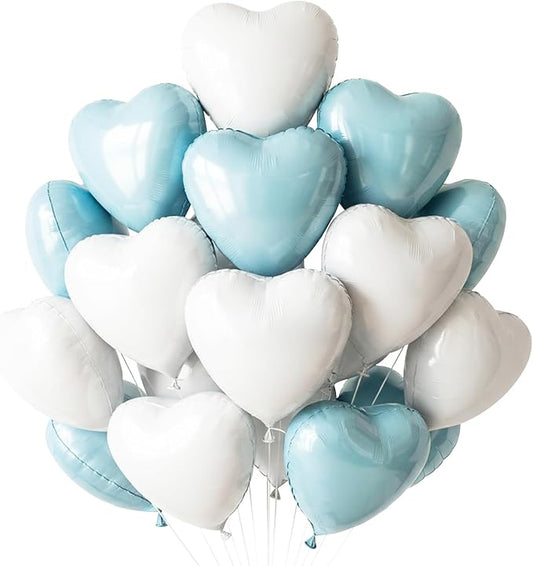 TONIFUL 30Pcs 18 Inch Light Blue White Heart Balloons Pastel Blue Heart Shape Foil Mylar Banners Decoration for Birthday Valentine's Day Wedding Bridal Shower Anniversary Engagement Party Supplies