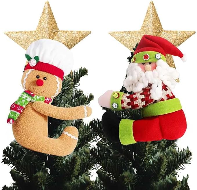 Gingerbread Man Christmas Tree Topper Santa Claus Christmas Decoration,2 Pack Cute Tree Topper Xmas Curtain Wine Bottle Staircase Guardrail Ornament for Xmas New Year(Gingerbread Man & Santa)