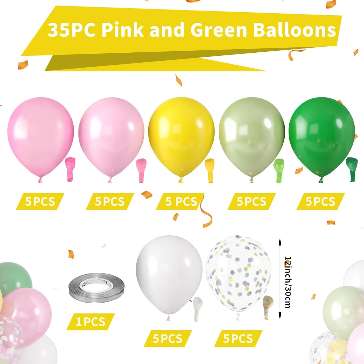 Hawaiian Balloons, Tropical Balloons Green Pink White Yellow Balloon Confetti Balloon for Beach Summer Baby Shower Luau Flamingo Tropical Theme Birthday Party Wedding Decorations