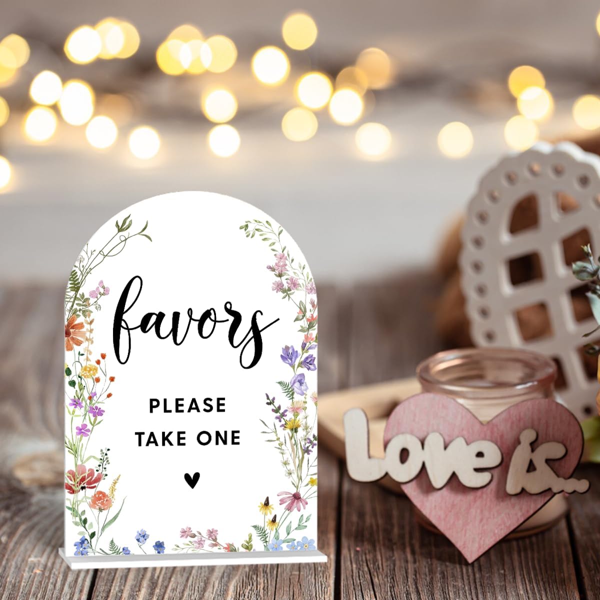 Acrylic Wedding Signs, Favors Please Take One Signs for Marriage Reception, Bridal Shower Decorations, Modern Arched Round Top Acrylic Table Top Sign with Holder for Wedding Party (White Wildflowers)