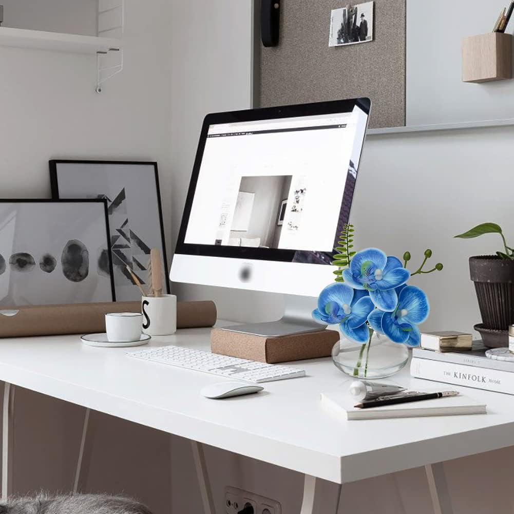 Blue Orchids Artificial Flowers Faux Orchids Arrangement in Clear Glass Vases Set of 3 Real Touch Phalaenopsis Orchid Flowers Small Fake Orchid Centerpiece for Dining Room Table