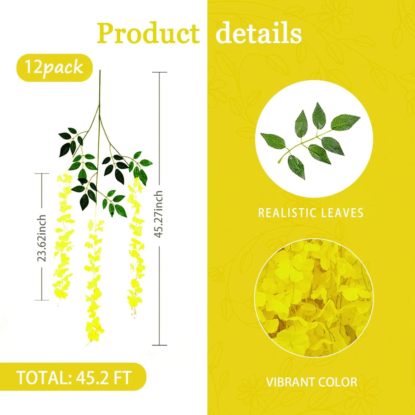 12 Pack Yellow Wisteria Hanging Flowers Garland, 3.77 Feet Artificial Flower Vines, Fake Wisteria, Artificial Vines Hanging Garland for Backdrop Outdoor Yard Garden Decor