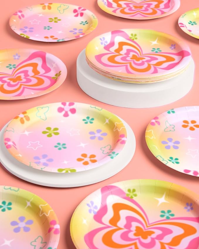 xo, Fetti Groovy Y2K Paper Plates, 2 Designs | 24 pcs 9" | Butterfly Kids Party Decorations, Girls Bachelorette Supplies, Rainbow Birthday Tablescape, Pastel Flower Decor