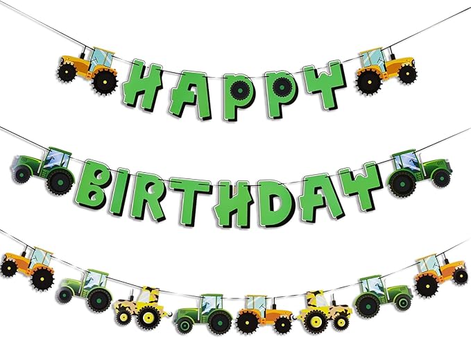 SUNBEAUTY Green Tractor Happy Birthday Banner Set with Tractor Garland Banner for Tractor Farm Themed Birthday Party Supplies Decorations | Pre-Strung
