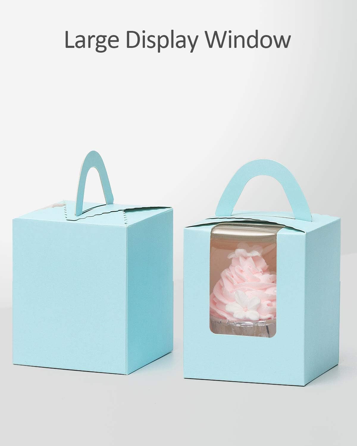 qiqee Light Blue Cupcake Boxes Individual Cupcake Holders Disposable 50pcs Single Cupcake Boxes with Window 3.6 * 3.6 * 4.3inch Cupcake Containers