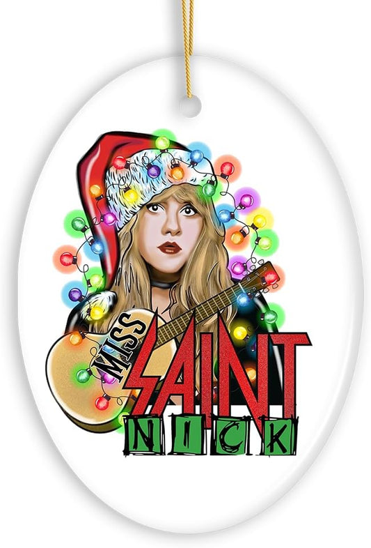 Miss Saint Nick Bohemian Christmas Ornament, Poetic Guitarist Feminine Rock Theme