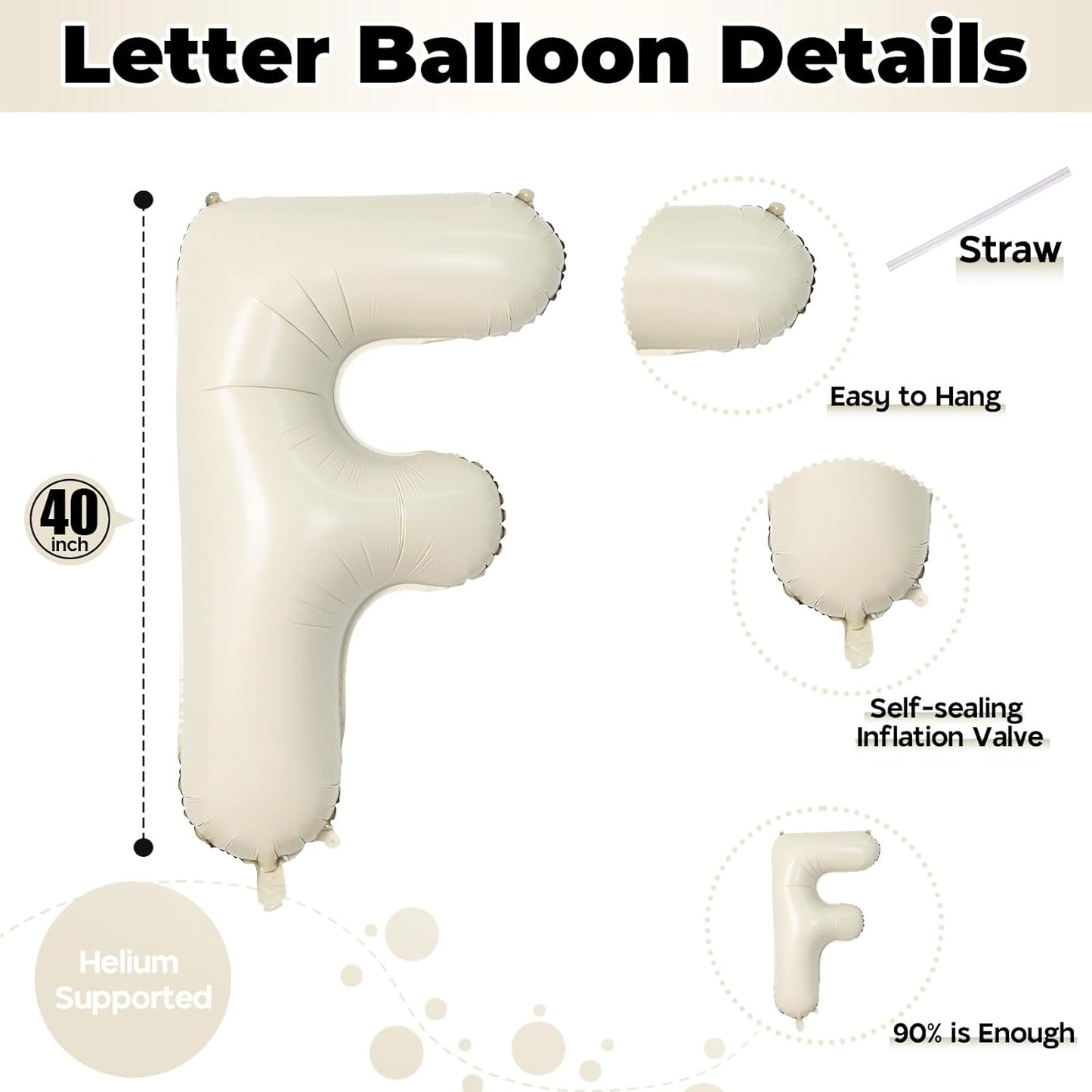 F Letter Balloons Cream, 40 Inch Alphabet Foil Word, Large Mylar Inflatable Beige Name, Big Helium Custom White for Women Birthday Party Decoration Supplies
