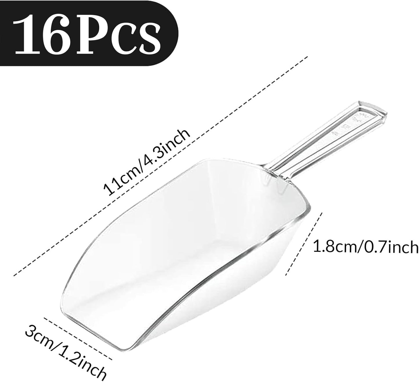 Hestya 16 Pcs Christmas Multi Purpose Clear Plastic Scoops for Candy Buffet Acrylic Kitchen Ice Food Popcorn Scoops for Protein Powders, Ice Cream, Coffee, Tea Jar (4.3 Inch)