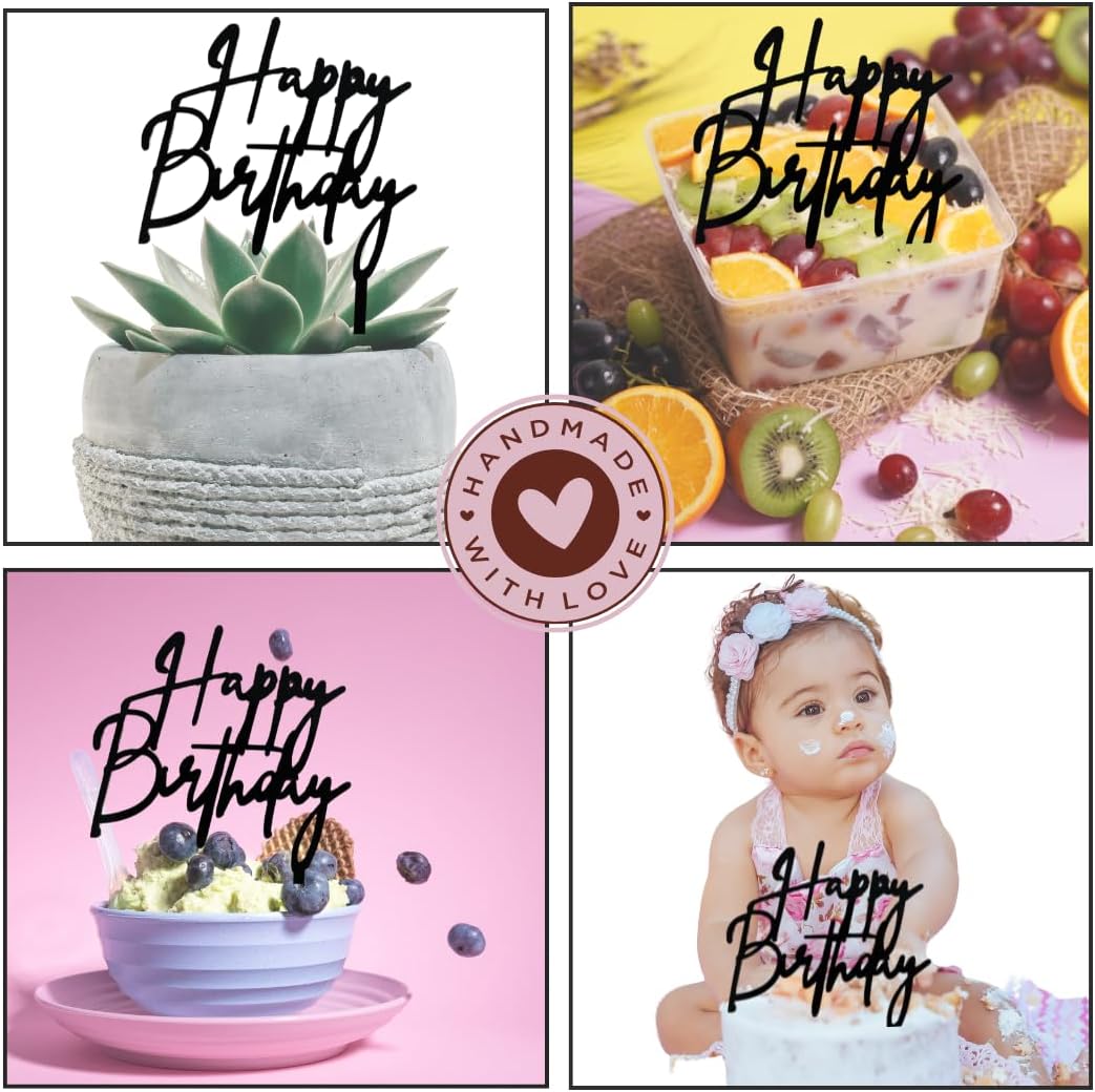 uraSigns Premium Acrylic Happy Birthday Cake Topper Gold, Mirror Finish, 6x6 Inches, 2.5mm Thick, Handmade Decorative Party Celebration Topper with Protective Film Perfect Keepsake (Acrylic, Black)