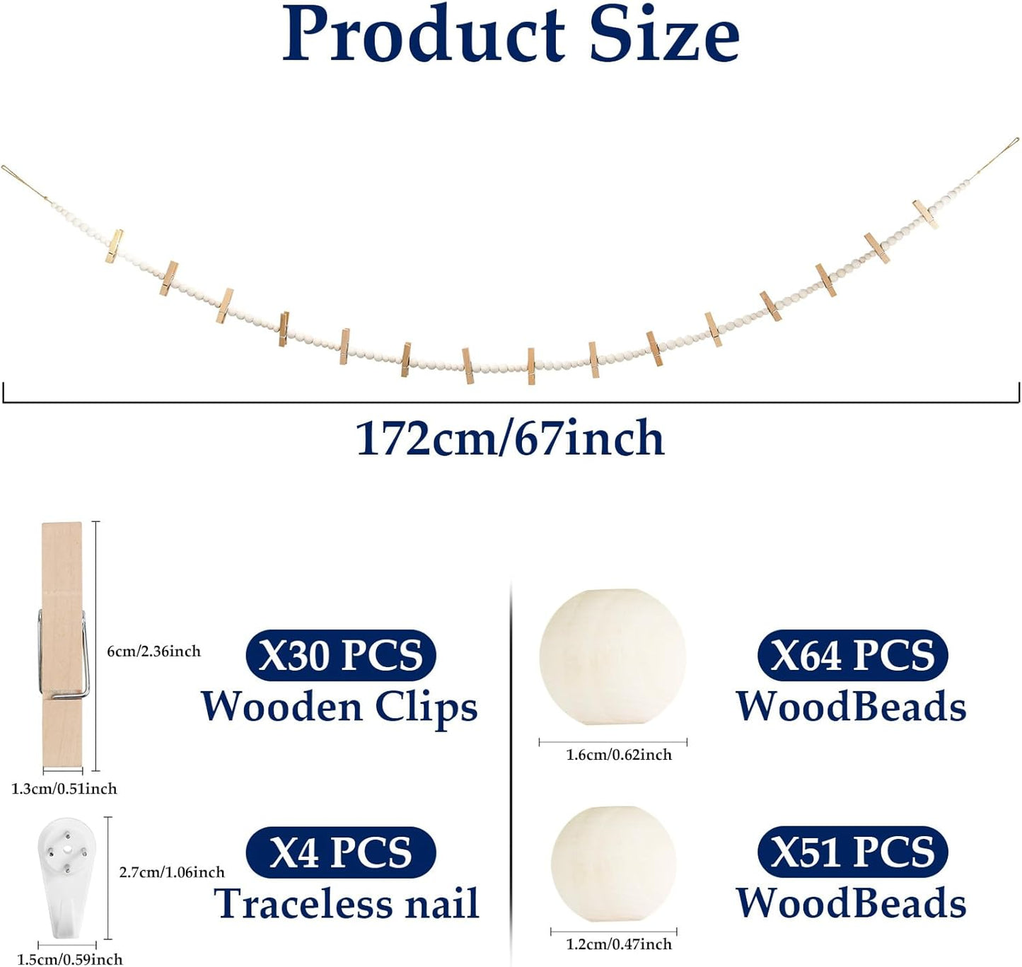 Hanging Photo Display Wall Decor with 30 Wood Clips, 67 Inches Boho Wooden Bead Garland Collage Picture Frame Photos String DIY, Photo Hanger for Bedroom Office Dorm Room Decor Gifts(2PCS)