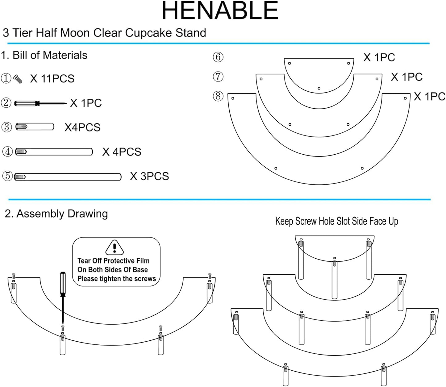 Acrylic Display Riser - 3 Tier Clear Cupcake Stand, Perfume Organizer, Half Moon Dessert Stand, Shelf for Food, Amiibo Funko POP Figure Display