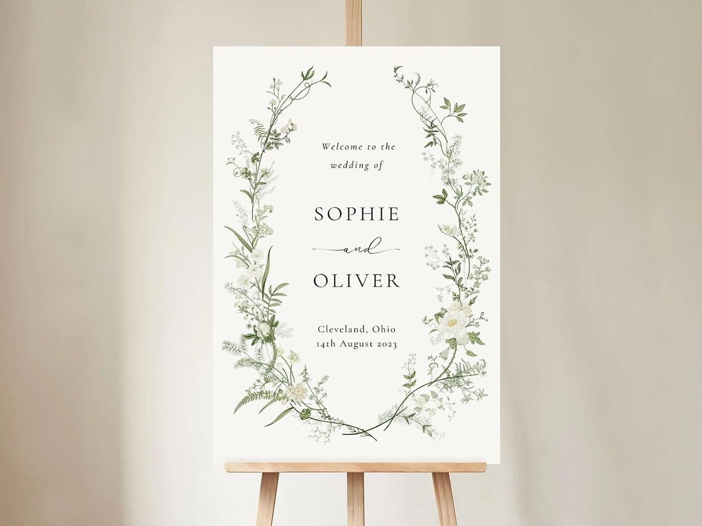 Welcome Wedding Sign Personalized, White And Green Floral Wedding Sign Decorations Signage 12" X 18" (Small), 27" (Medium), 36" (Large), Plastic, Modern, Pole Mount, Weather