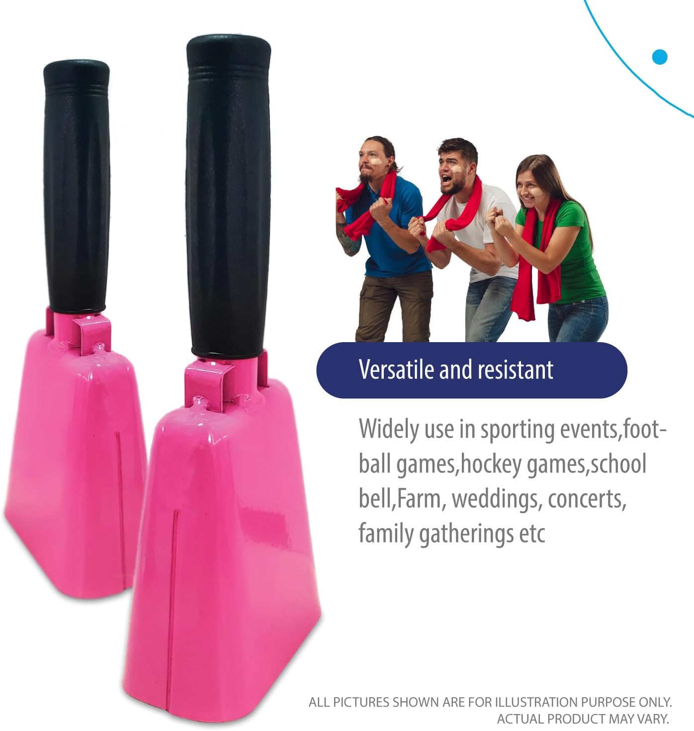 Deke Home - 2 Pack 7 Inch Steel Cowbells with Handle, Loud Noise Makers for Football, Sports, Parties, Competitions, School Spirit & Safety, Large Hand Bell for Cheering & Percussion Instrument