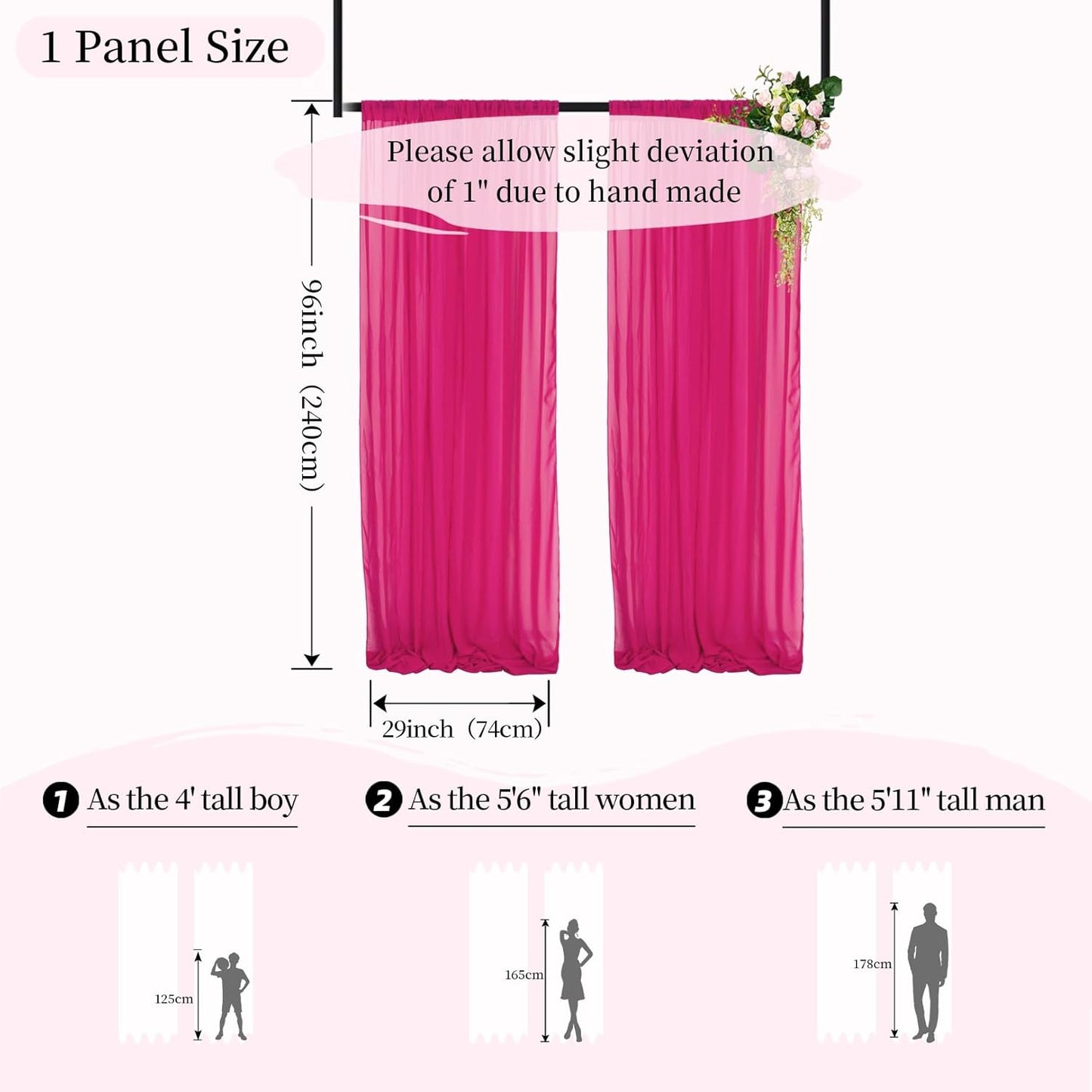 DUOBAO Hot Pink Chiffon Backdrop Curtains - 2 Panels 29"x96" - Wedding Sheer Backdrops for Elegant Living Room Voile Window Drapes Photography Wedding Ceremony Decor