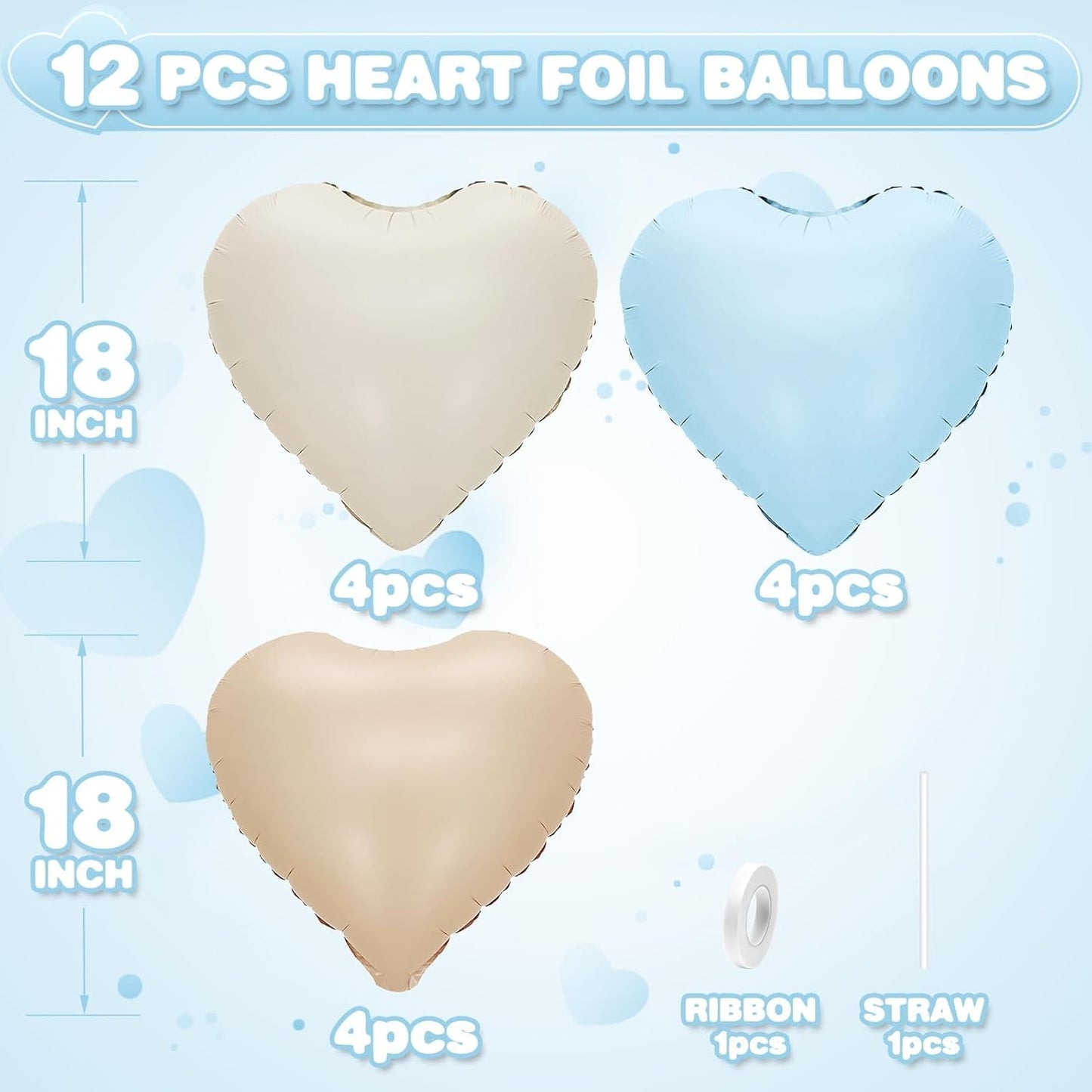 Blue Cream White Heart Balloons,12Pcs 18Inch Baby Blue Beige Apricot Nude Heart Shaped Foil Helium Polyester Film Balloons for Baby Shower Birthday Anniversary Wedding Engagement Party Decorations