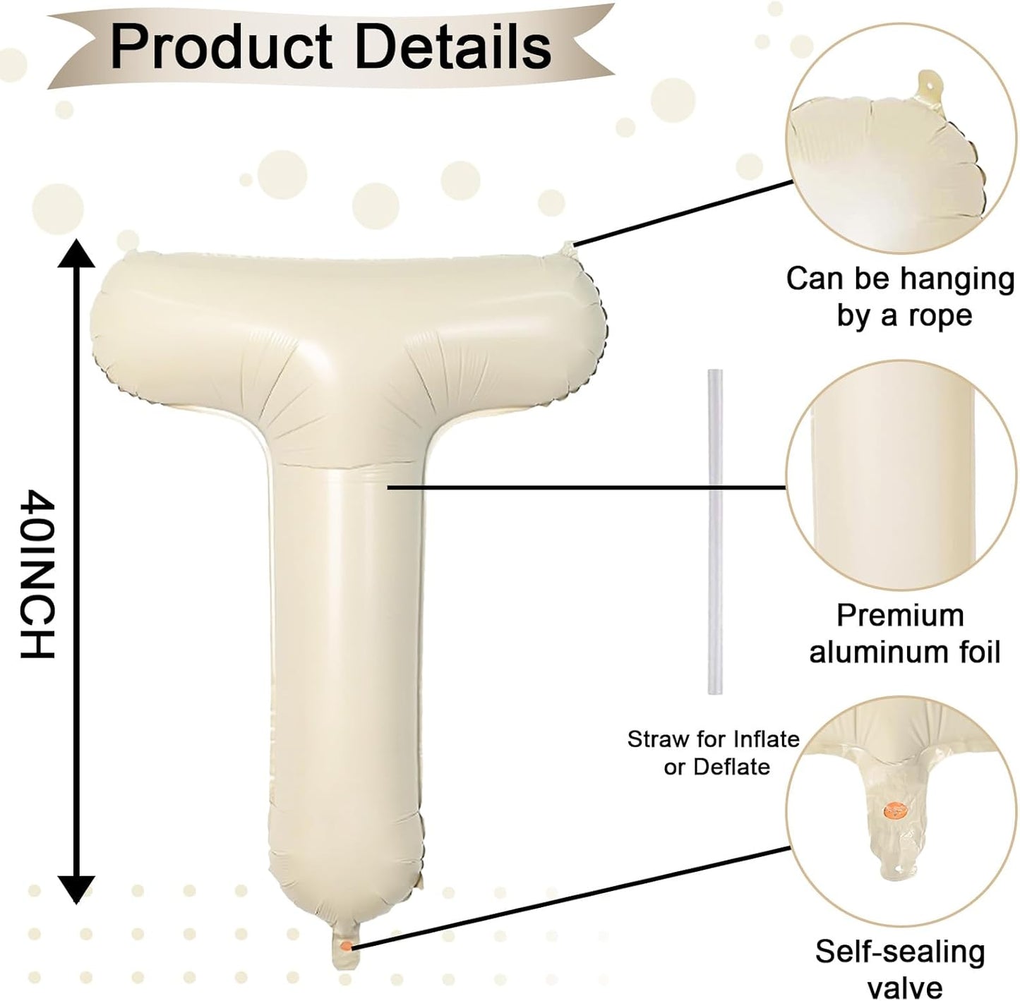 40 Inch Letter Balloons T, Big Custom A-Z Alphabet Foil Name Balloon Cream White, Self Inflating Beige Customize Helium Balloon Letters T for Women Girls Birthday Bride Baby Shower Party Decorations