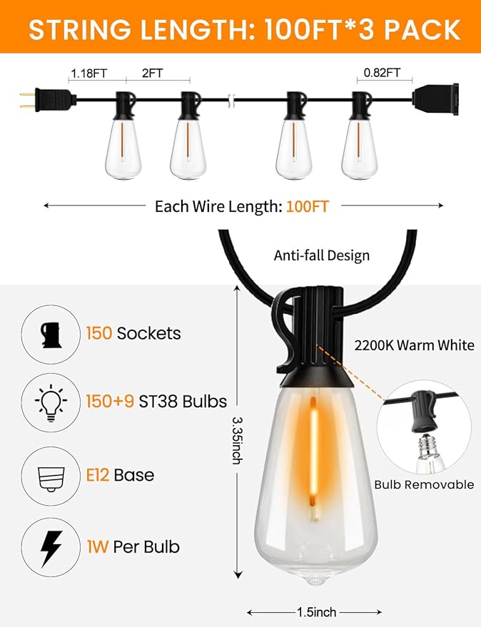 Outdoor String Lights 300ft Waterproof Shatterproof Patio String Lights for Outside with 159 Vintage ST38 LED Bulbs(9 Spare), Dimmable Hanging Lights for Backyard Porch Balcony Party Decor, Warm White