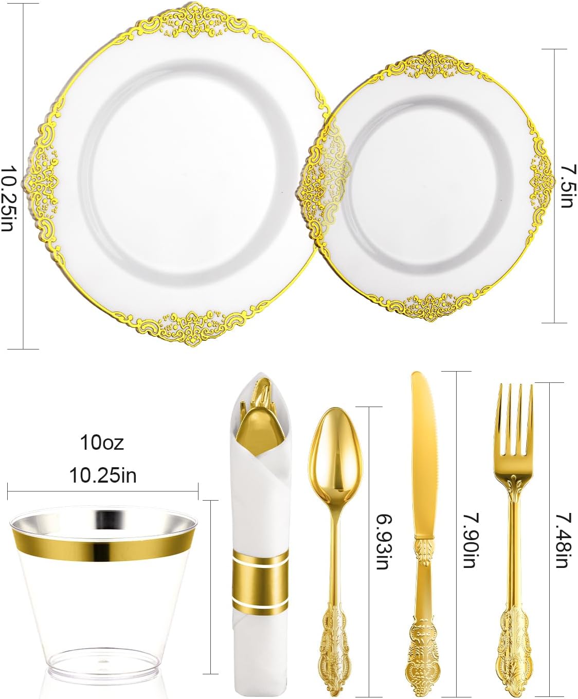 Goodluck 350 Piece Clear Gold Plastic Dinnerware Set for 50 Guests, Fancy Disposable Plates, Include: 100 Gold Rim Plastic Plates, 150 Silverwares, 50 Pre Rolled Napkins, 50 Cups for Party, Wedding