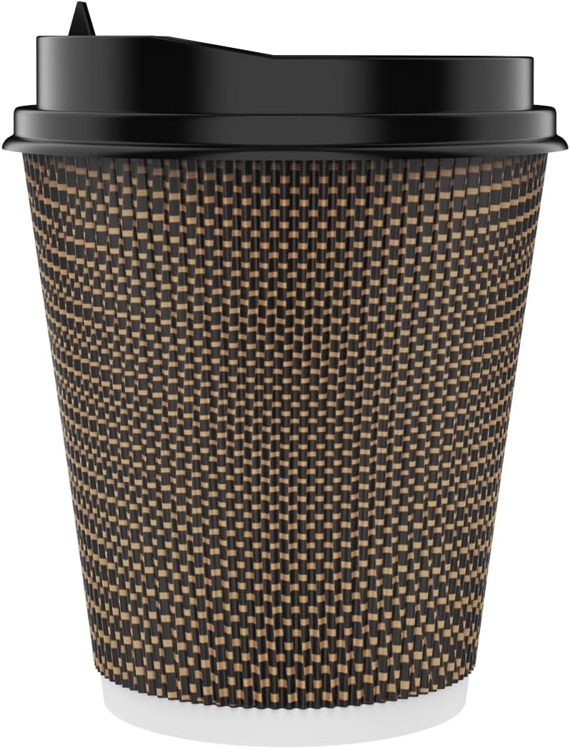 LITOPAK 80 Pack 10 oz Paper Coffee Cups, Insulated Ripple Wall Hot Coffee Cups with Lid and Straws, Brown Three Layer Insulated Hot Beverage Cups for Parties, Picnic, and Travel