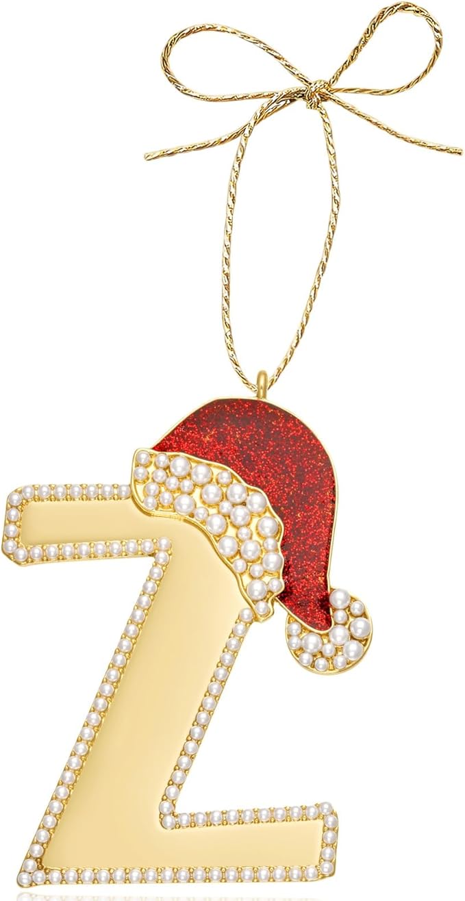 2025 Christmas Initial Ornaments, Letter Z Ornaments for Xmas Tree,Hanging Christmas Red Hat Ornament for Mother Best Friends Sister Wife