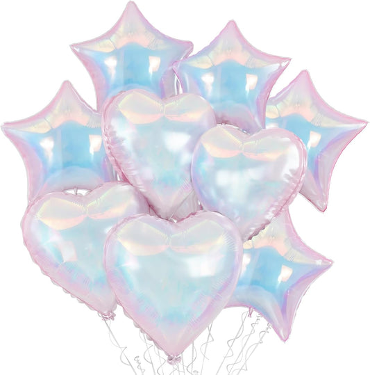 9Pcs Iridescent Foil Balloons, 18in Heart Star Iridescent Balloons Large Holographic Clear Foil Balloon for Birthday Baby Shower Mermaid Rainbow Bachelorette Wedding Party Decorations