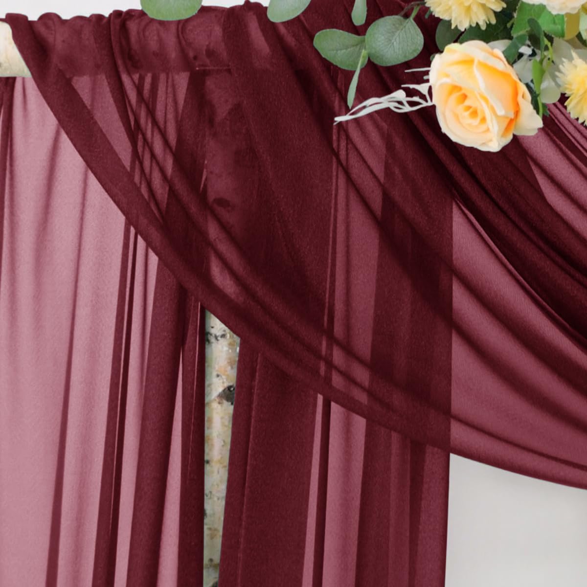 Socomi Wedding Arch Draping Fabric 29" x 20Ft 2 Panels Burgundy Sheer Outdoor Curtain Drapes Extra Long for Bridal Baby Shower Ceremony Birthday Party Decor