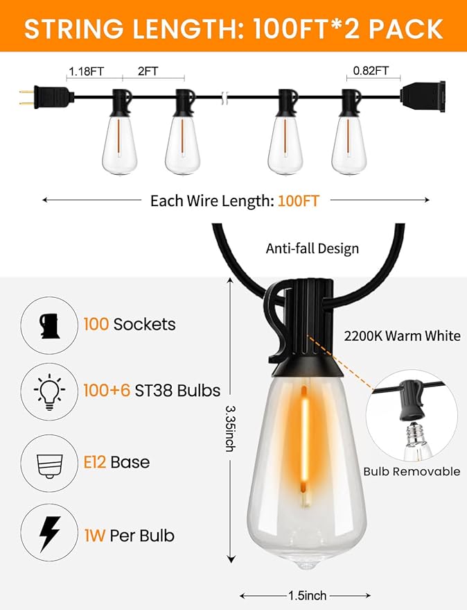 LED Outdoor String Lights 200ft ST38 Waterproof Patio Lights with 106 Vintage Shatterproof Bulbs(6 Spare), Dimmable Outside Hanging Edison String Lights for Backyard Porch Balcony Decor, Warm White