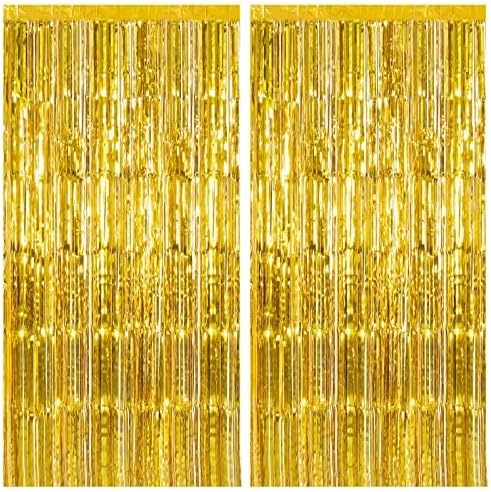 2 Pack Gold Fringe Curtain Backdrop Tinsel Streamers Birthday Party Decorations Christmas Photo Booth Backdrop New Year Halloween Graduation Baby Shower Theme Party Decorations