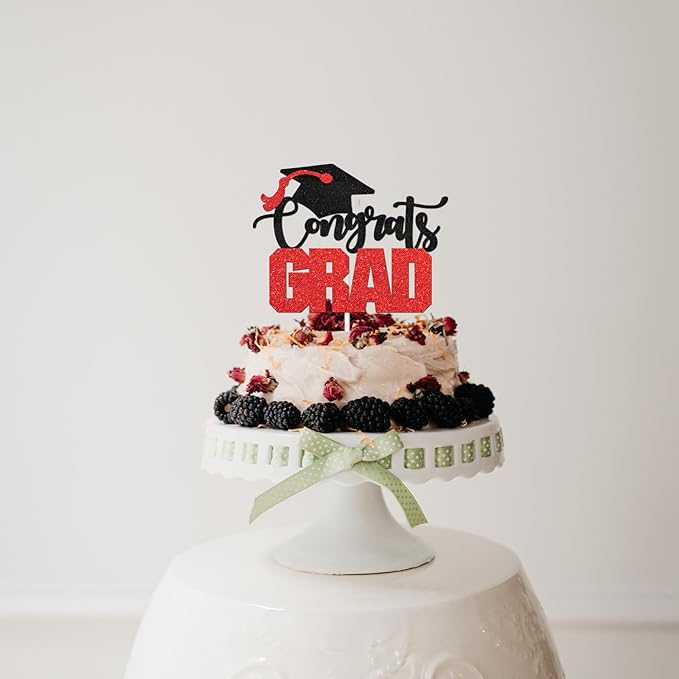 Congrats Grad Cake Topper - High Sohool/College Graduation Party Decoration Supplies - Congratulations Class of 2025 Party Cake Decorations (Red)