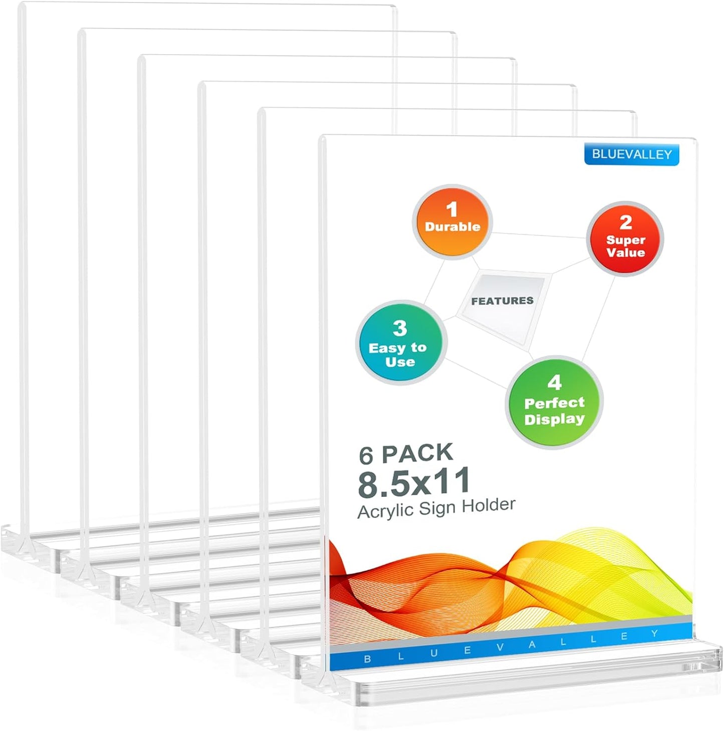 BlueValley Acrylic Sign Holder 8.5 x 11 Vertical - Double Sided Clear Sign Holders Plastic Stands for Display-6 Pack Document Paper Sign Stand for Table Top, Office, Restaurant, Store, Wedding, Party, Show Fairs