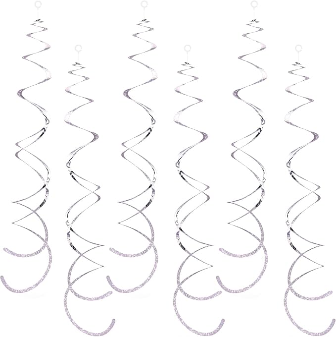 30 Pieces Silver Swirl Hanging Decorations, Shimmer Plastic Streamer Foil Swirls for Ceiling, Photo Booth Props Party Supplies for Birthday Wedding Baby Shower Engagement Disco Holiday Decorations