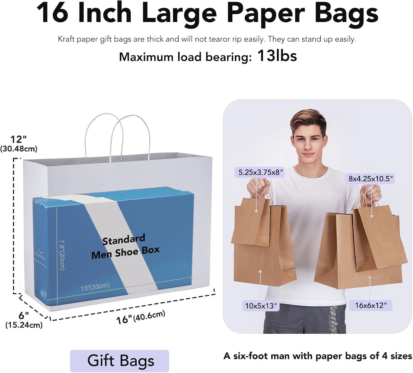 GSSUSA 16x6x12 Inches Large Paper Bags with Handles, 6000 Pack White Paper Gift Bag, Recyclable Kraft Paper Shopping Bags for Small Business, Party Favor, Craft Bag for Boutique